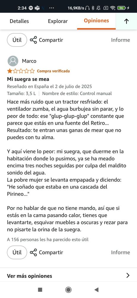 Marco cuenta de forma muy graciosa cómo el ventilador hace ruido y su suegra mientras duerme piensa que está en la cascada del Pirineo y se levanta meada