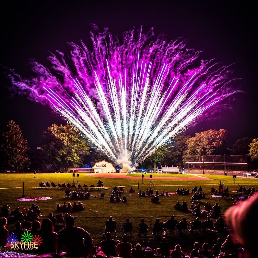 A fan of bold white and pink fireworks illuminate the trees in the background and the crowd in the foreground
