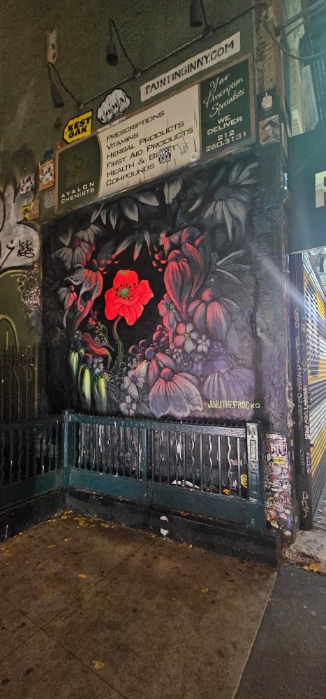 Finished mural with flowers surrounding a glowing red flower  admitting a lovely glow