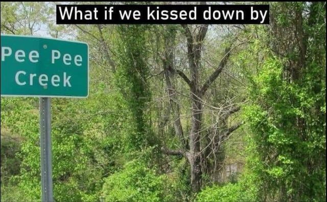 Text: What if we kissed down by. Photo of a sign among trees and bushes that says Pee Pee Creek