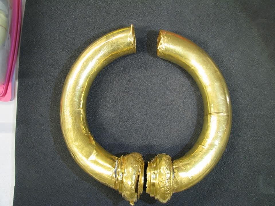 One of the Snettisham tubular torcs, 20cm across and hollow. 