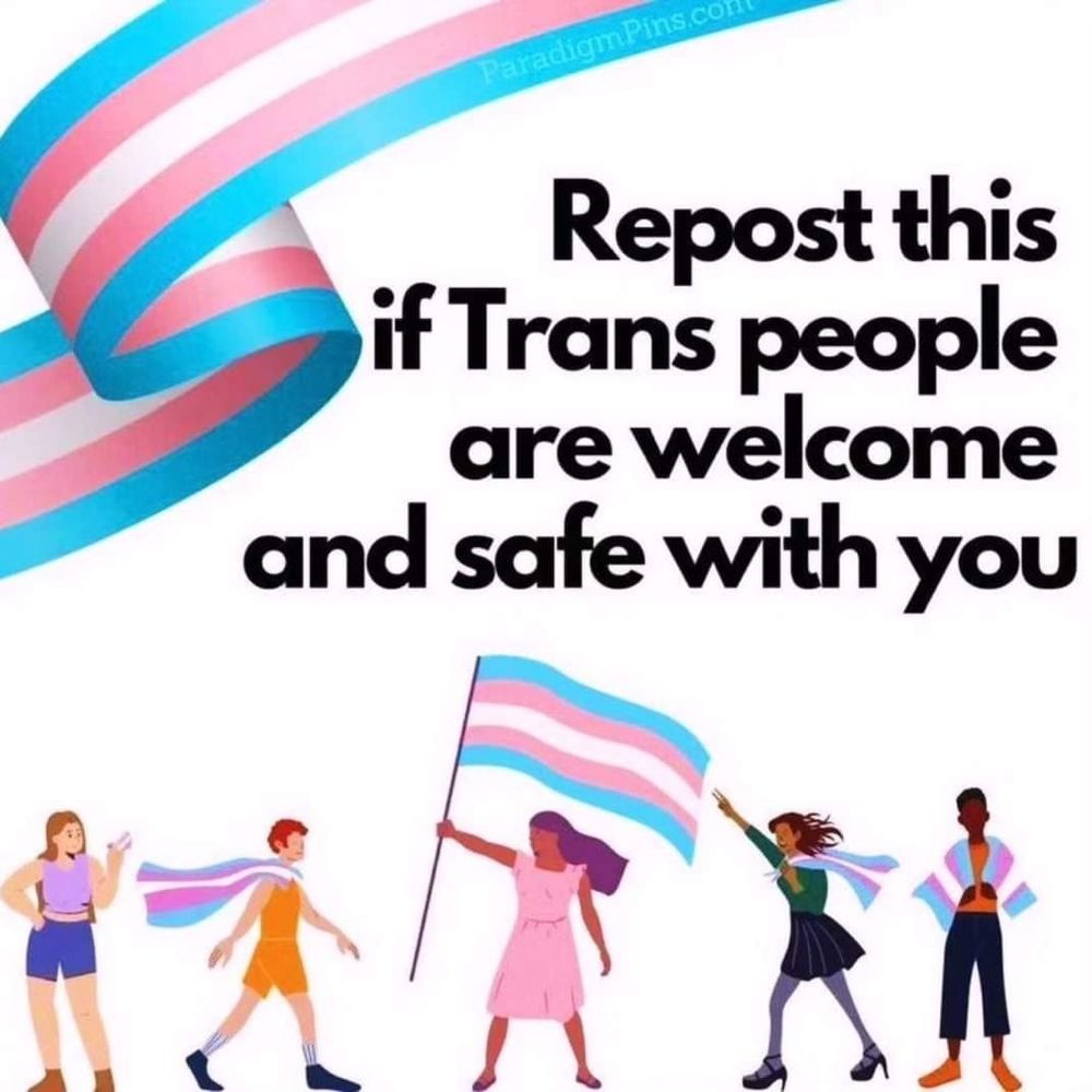 A banner with the trans flag and 'Repost this is trans people are welcome and safe with you' written