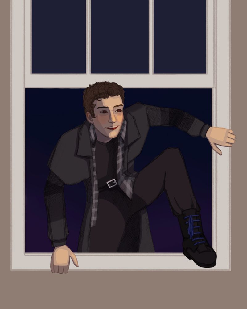 WIP of Devin Lewis as JD from Heathers crawling through Veronica’s window