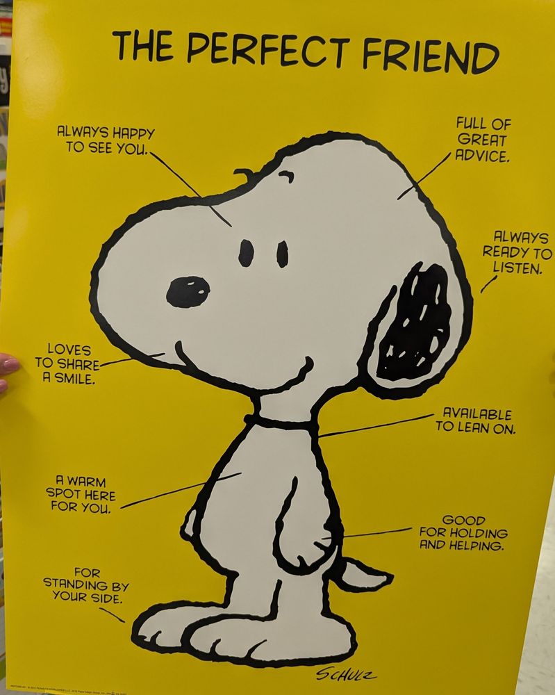 A poster of Snoopy describing him as the perfect friend 