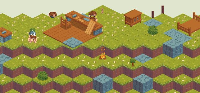 Dwarves move around a nicely animated campfire in a pixel-art isometric game.