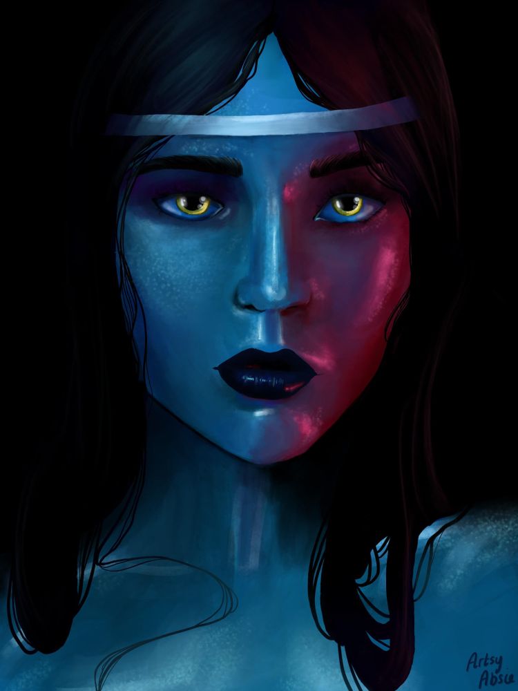 A portrait of a person, lit in blue and pink lighting.