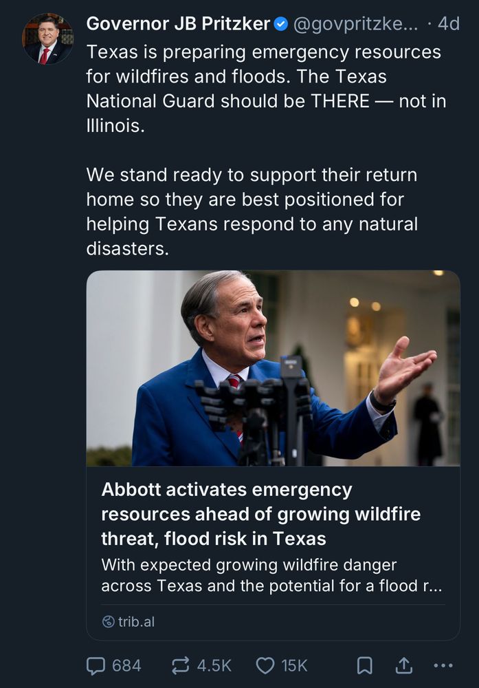 JB Pritzker 4 days ago saying the Texas National Guard should be in Texas, not Illinois 