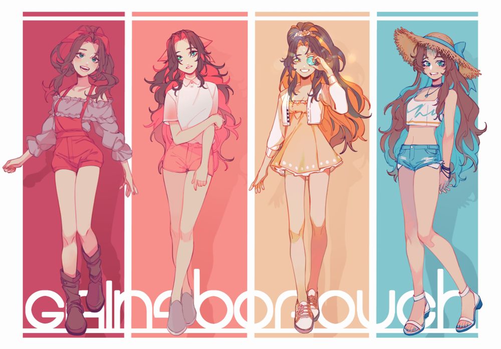 aerith gainsborough from final fantasy 7 in 4 different colorful outfits