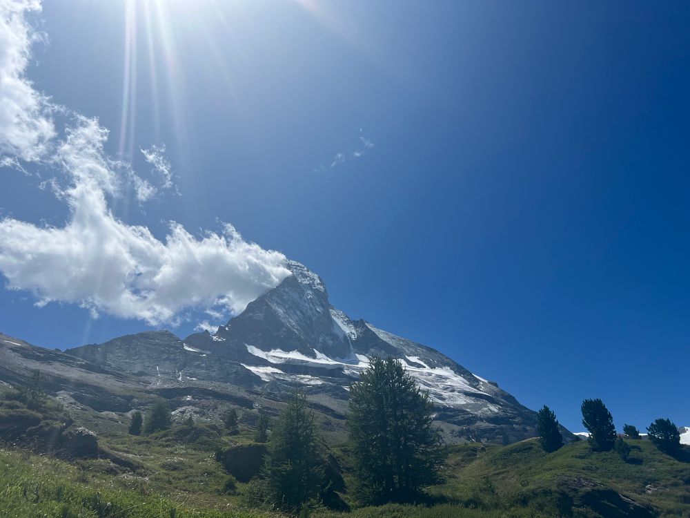 Matterhorn in blue skies and sun shining with green valley in the foreground 