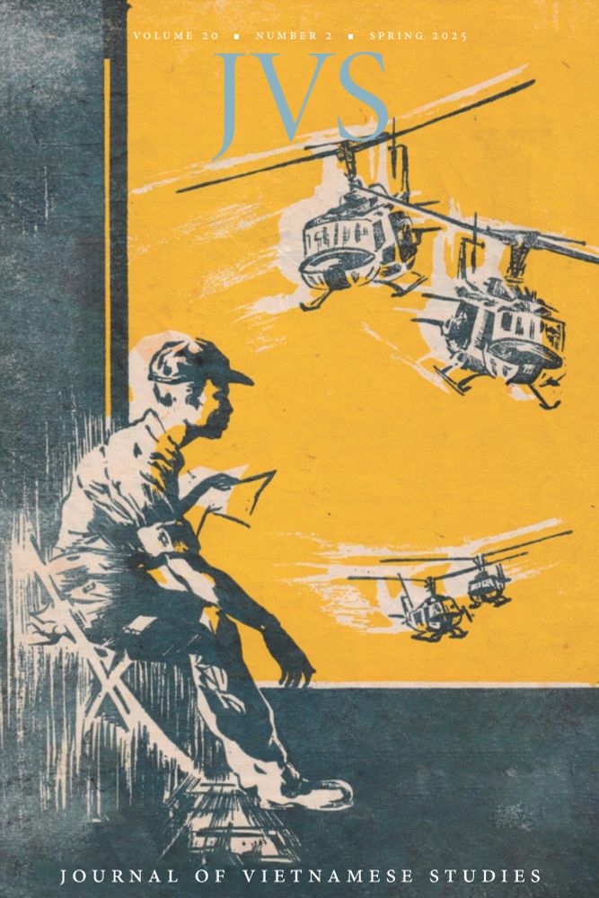 The cover of JVS 20(2). A stylized image of a seated man in fatigues watching four helicopters ascending or descending at close range.

Linocut by Lể Trọng, published in the Republic of Vietnam on September 20, 1970. Image inspired by the sheet music for “Lá thư đô thị” [A Letter from the City], composed by Tuấn Lê (Lê Văn Tuấn, 1952–1988). Courtesy of Jason Gibbs. 
