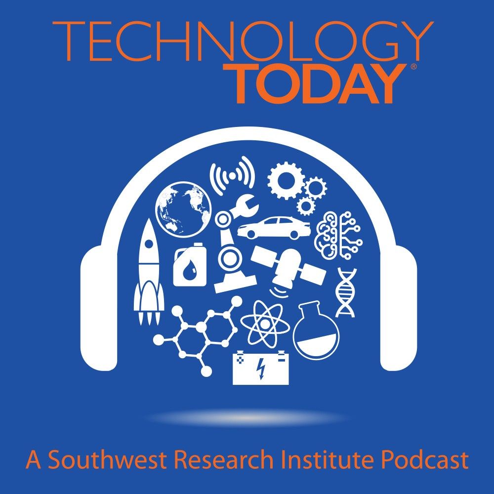 White headphones encircle icons of technology and science including a rocket, DNA strand, satellite, car, and gears on a blue background with 'Technology Today' and podcast branding.
