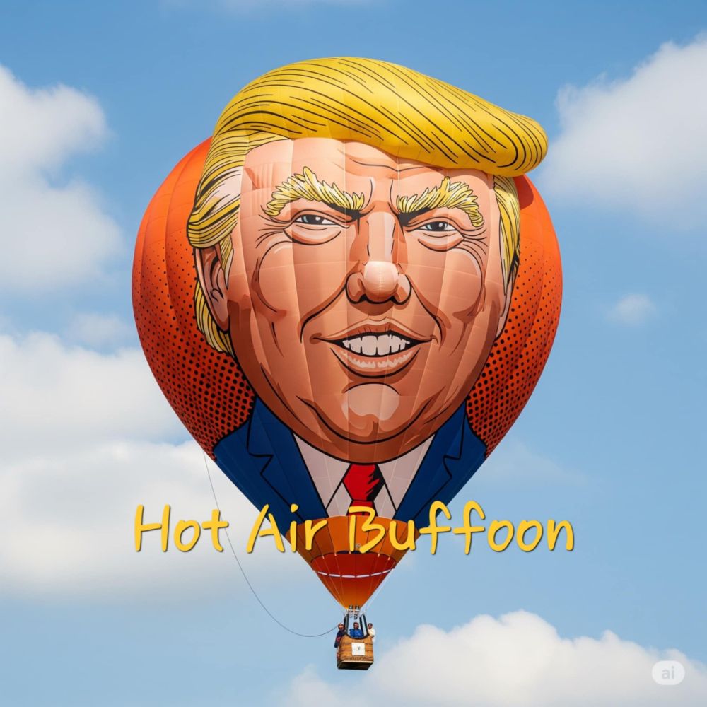 A large orange hot air balloon with Clump's picture on it with the caption "Hot Air Buffoon."  