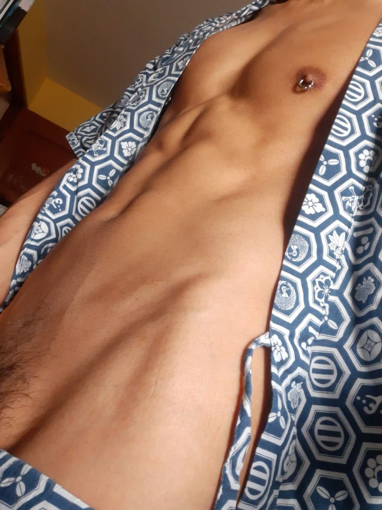 open kimono shirt showing pierced nipples and abs