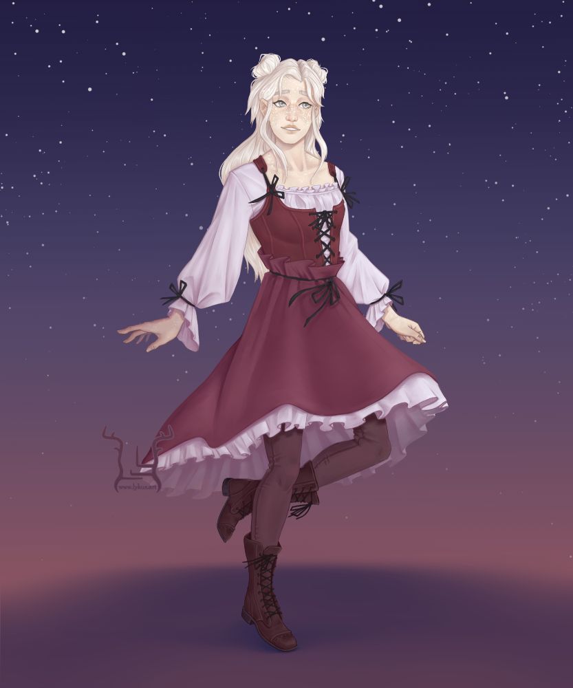A digitally painted illustration of a young, pale woman taking a graceful step through a starry purple and pink gradient void. Her hair is off-white, to the small of her back and in buns on each side of her head. She wears a red corset with a puffy white dress underneath, and a maroon skirt with the ruffles of the white dress poking out from underneath. She has on tight brown pants, and mid-calf brown boots. She has a soft smile on her face, white freckles, and light gray eyes.