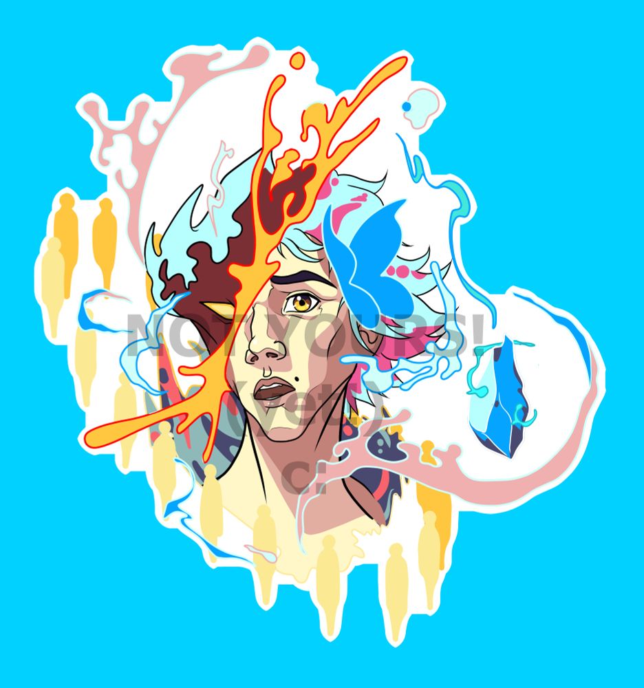 A drawing of Viktor from Arcane half transformed into the Machine Herald. There's lots of artistic swishes and swoops around him in Trans colors. He has a ring of golden souls as well as a butterfly and a rune stone!
