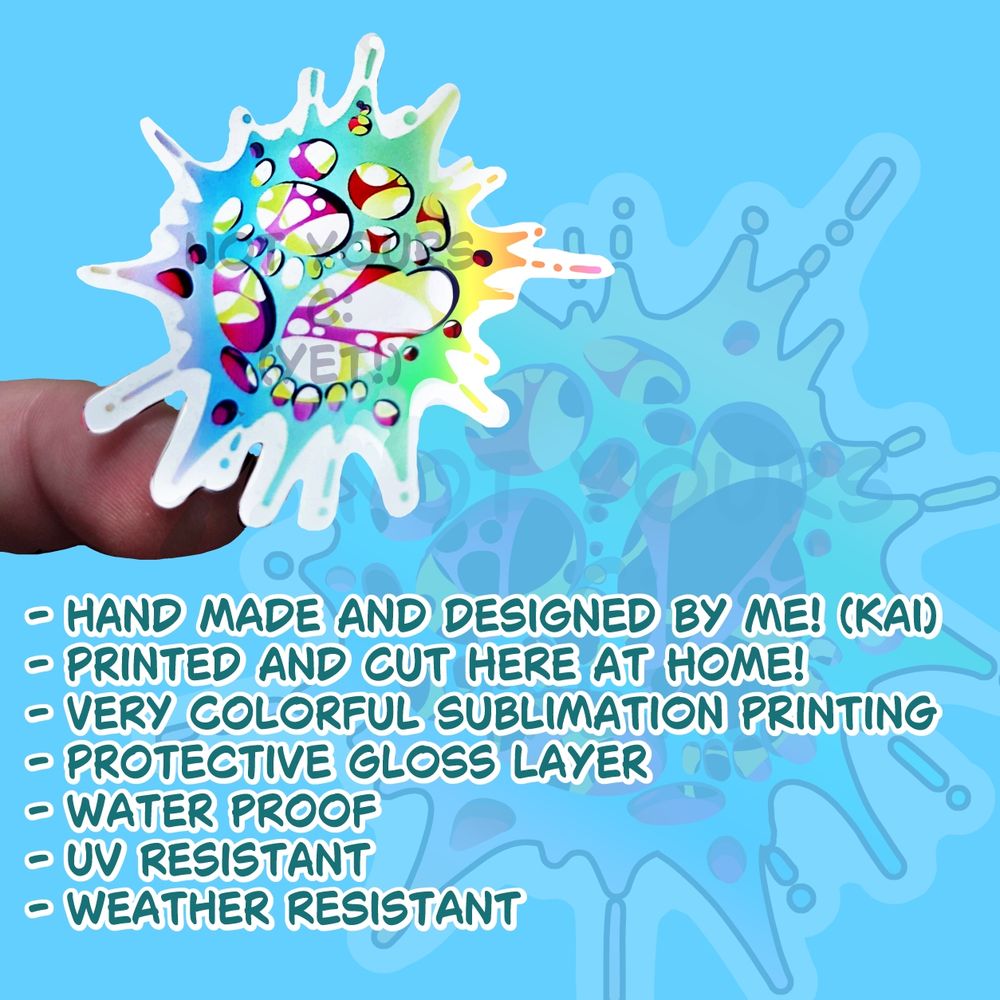 A white finger holding a light anomaly or wild rune sticker with information text on the picture, which reads:
Hand Made and designed by me! (Kai)
Printed and cut here at home!
Very colorful sublimation printing
Protective gloss layer
Water proof
UV resistant
Weather Resistant