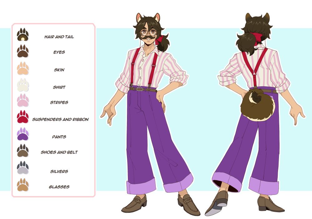 Alextheshiba's new human design. Has a much more casual look to it with baggier clothes, suspenders, his longhair tied back with his bowtie and his shirt open at the top with his sleeves rolled up.