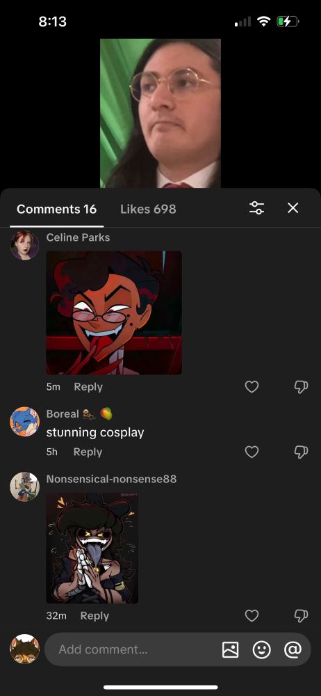 Screenshot from tiktok of Alex’s comment section of people using various images to show their “excitement” over how Alex looks 