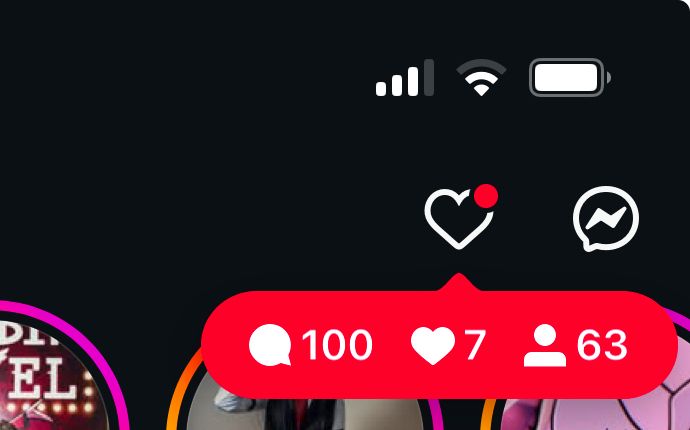 Screenshot from instagram showing the notifications for over 100 new comments, 60+ new followers and a bunch of likes