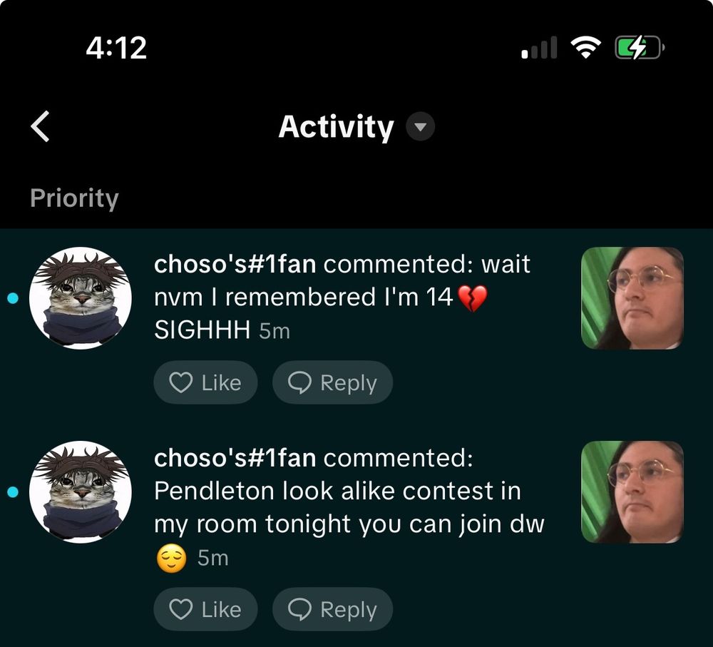 Screenshot of some comments from tiktok on Alex's cosplay post where a person jokingly says there is a cosplay competition in his bedroom, only to immediately afterwards say he is 14 years old.