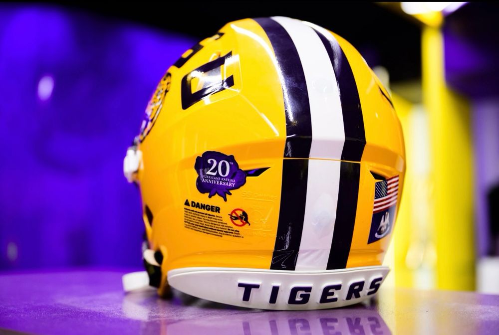 LSU football helmet displaying a 20th anniversary Hurricane Katrina sticker