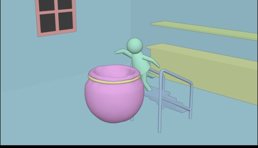 A screenshot showing a basic room environment without much detail.

A character is standing on one leg on a small staircase with their right arm over a large cauldron. 

There is a wide cabinet and a shelf on the wall behind them.