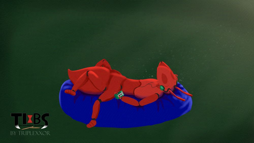 An anthropomorphic ant laying on a bean bag, holding a green cassette player and wearing headphones. their eyes are closed.