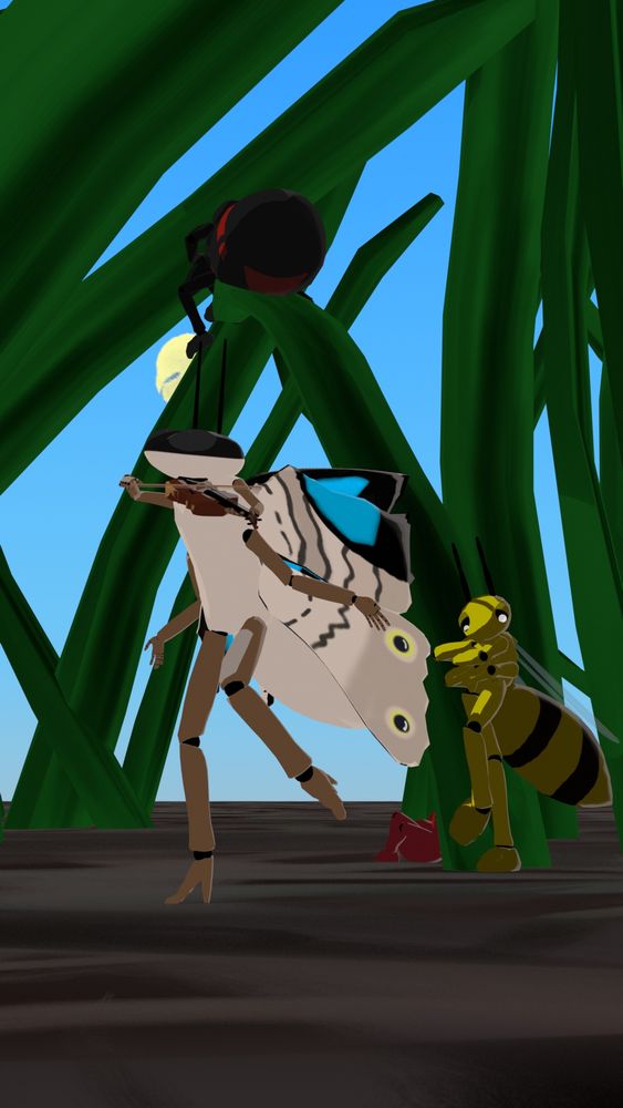 3D render of an anthropomorphic butterfly that’s dancing between strands of grass while playing on a violin. A red ant can be seen sitting behind a strand of grass, while a bee, is standing against it and looking at the ground. A spider, is sitting on top of it with its back against us. 