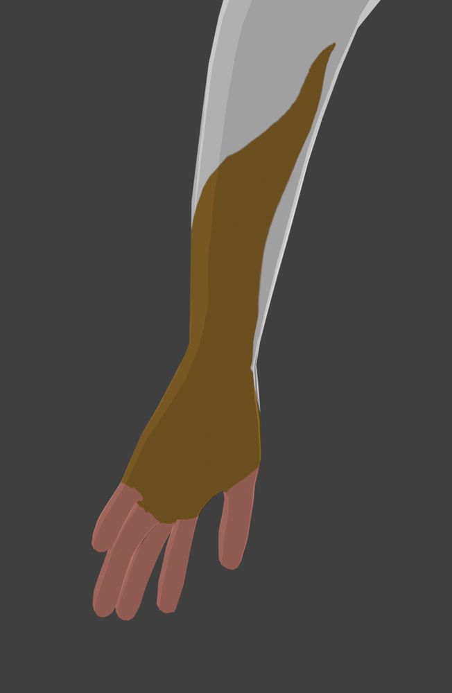 A close-up of the left arm. The brown pattern covers his hand and the left side of his forearm, and ends in a small wavy pattern below the elbow.