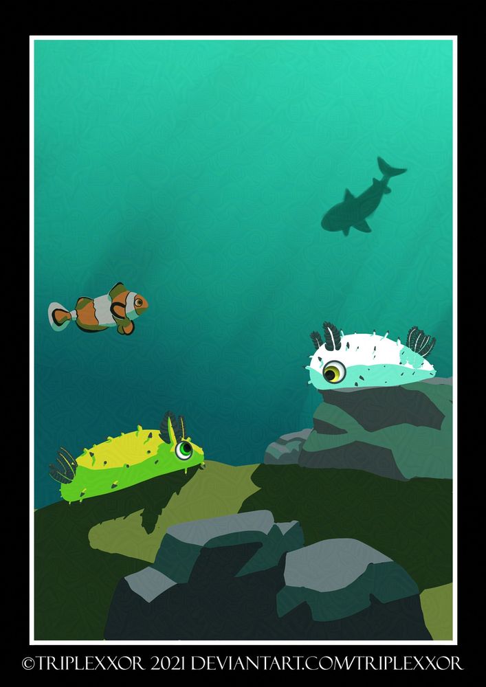 An underwater scene featuring two sea slugs who are looking at each other. There’s a yellow one who stands on the ground on the left and looks at a white one who stands on a small rock on the right. Their bodies are covered in small spikes with black tips. They have a circle of feather-like protrusions on their backs and two feathery antennae on their heads. Their eyes are big and round with detailed shading. The yellow ones' eyes are green, and the white ones are yellow. 
There is a clownfish swimming above them on the left and a silhouette of a shark on the right. 
