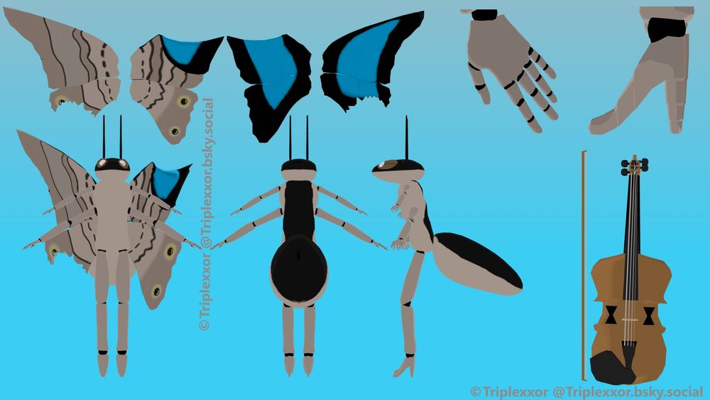 A reference sheet of an anthro butterfly. She has four arms and two legs. Her body is beige on the front and black at the back. Her wings have several wavy patterns with two yellow circles with black on the inside. The backsides of the wings are black at the corners and blue, with sparkles in different shades in the middle.

Her feet are shaped like high-heeled shoes. 

There's a violin in the bottom right corner. The f-holes on it are shaped like hourglasses. 