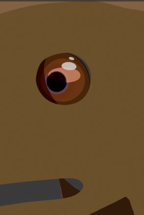 A close-up of an eye on a stylized cartoon character. It has a deep, brown color with a thin purple ring around its pupil. 

There are three highlights in varying sizes on the upper half. The one in the middle has a slightly lighter color than the rest of the eye. The other two above it are smaller and clear white.
