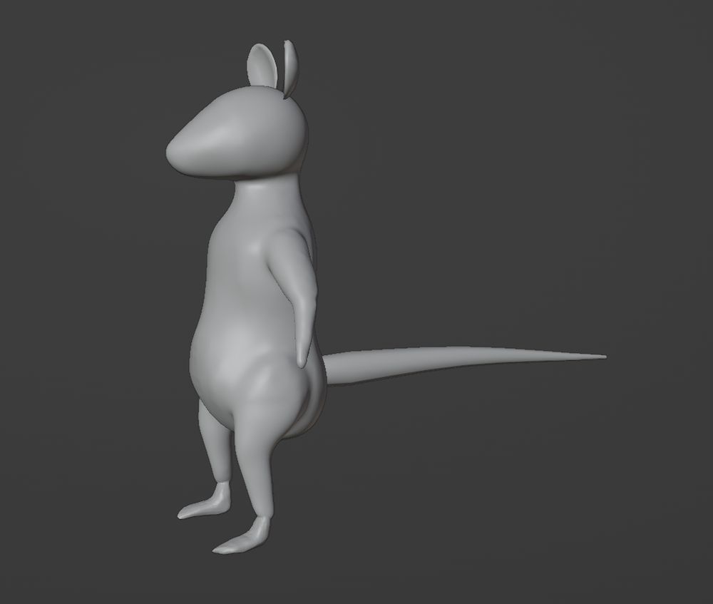 A screenshot from inside the Blender software, showing a sculpt of an anthropomorphic rat in the basic, grey material.