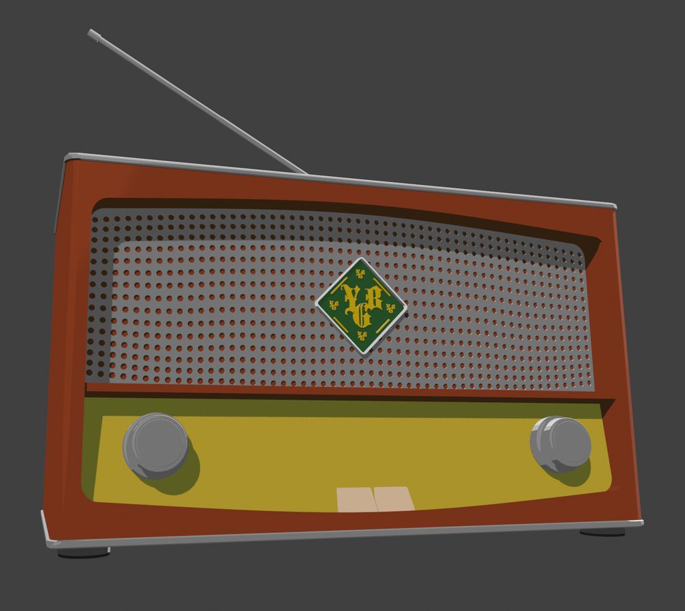 3D render of a vintage stereom in a stylized cartoon shader. The chassis is brown, with grey metal caps on the top and bottom. 

The front is split in two, with a metallic speaker grille and an emblem with a gold logo on a green background and a white border.

The bottom part is smaller with a yellow panel, one metallic dial on each side, and two off-white colored buttons in the bottom middle.