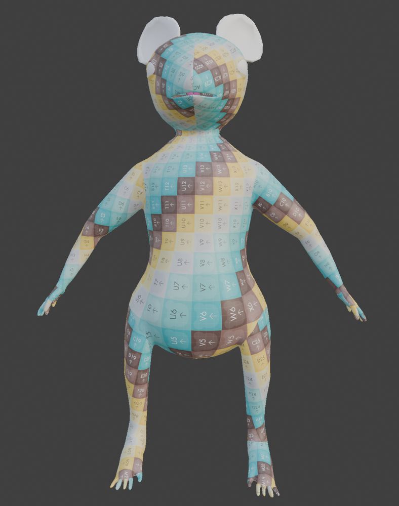 Screenshot from inside Blender showing the front view of an anthro rat. Its body is covered in different colored squares with letters and numbers.