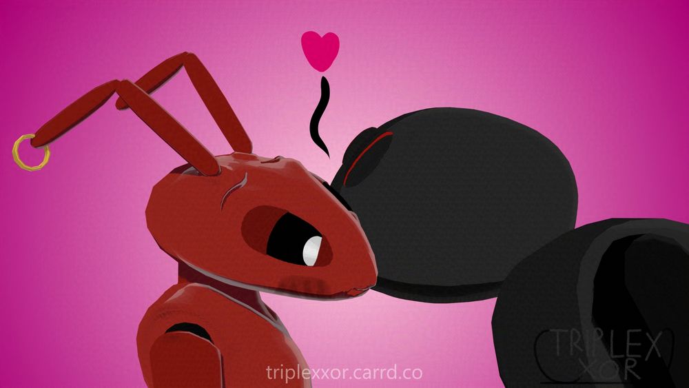 A 3D render of two anthropomorphic insects, a red ant and a black spider. The spider is kissing the ant on the cheek while the ant is flustered.

There’s a black, wavy line over their heads that leads to a pink heart.
