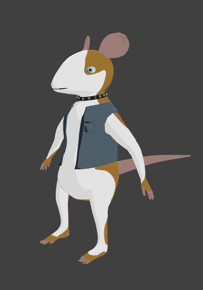 Screenshot from Blender showing a three-quarters view of a 3D model of an anthro rat with white fur and a brown pattern that goes around his left eye and over the back and the backside of his legs. He also has a brown pattern on his hands and feet that almost resembles fingerless gloves and shoes, with the fingers and toes colored in skin tones.

He wears an open blue denim vest with a small chest pocket and a black collar with grey metal spikes on his neck.

The iris in his eye is green on the inside and gradually goes to deep blue in the outer corner.