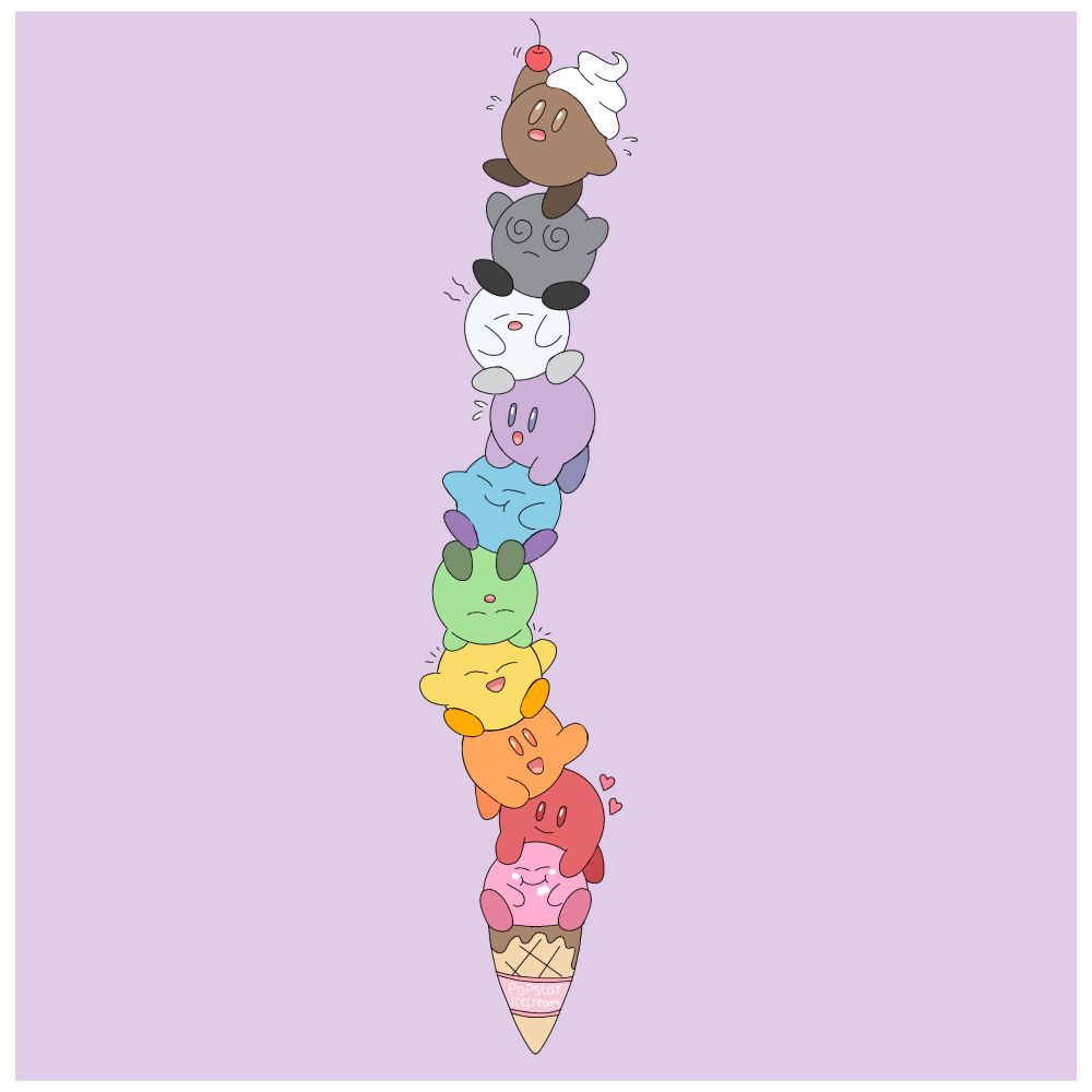Rainbow Kirby Ice Cream from March '23(in case the Resolution is Chopped up since the pic is originally Hi-Res: The Text on the Cone Wrapper said "Popstar Icecream")