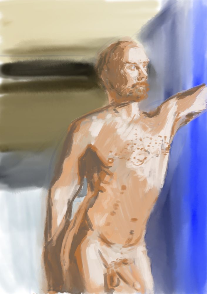 Light streams in the full window onto a man as he leans against the glass staring distantly. The contrast of lights and shadow draw the attention throughout the pose but one can't help to linger on his face and wonder what is happening behind those eyes.