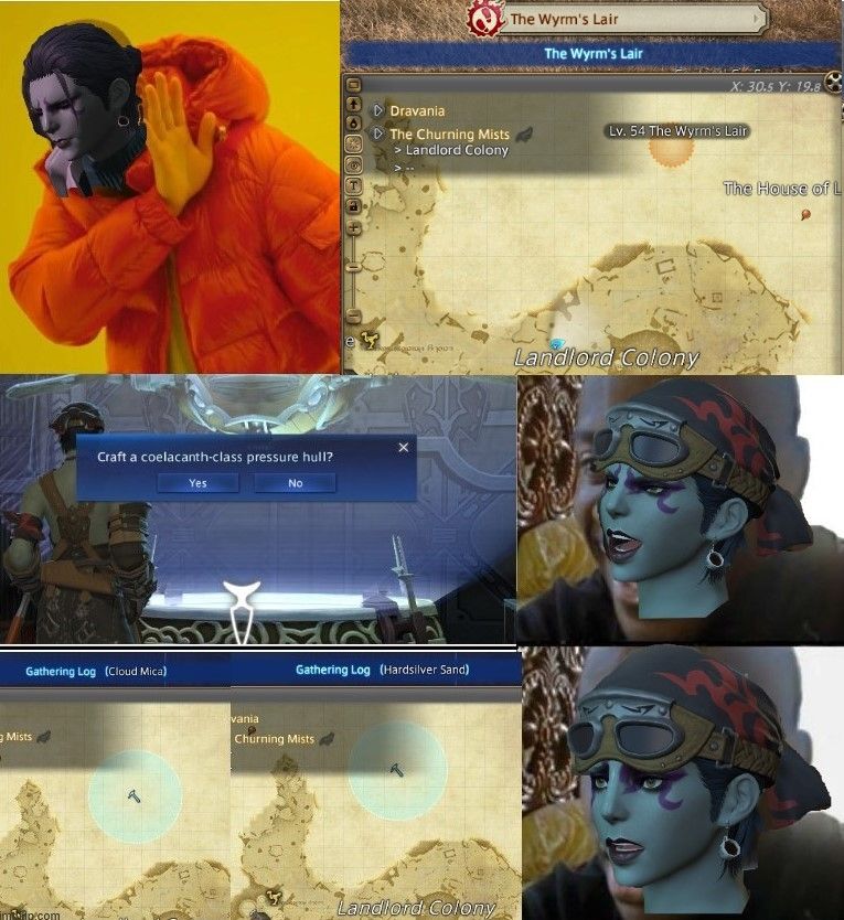 Centes face poorly pasted on top of memes, dismissing going to where MSQ wants them to go. In panel below, she's starting a new submarine crafting project, of which two of the materials are next to where MSQ wanted them to go.