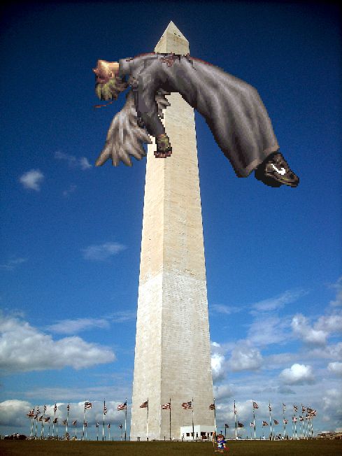 The Archangel from Baroque stabbed through the chest by the Washington Monument.

if you look closely there is a cameo of Brian Quest 64 of famous video game "Holy Magic Century" at the bottom

oh also the Archangel has a Nike Swoosh on his kicks now.
