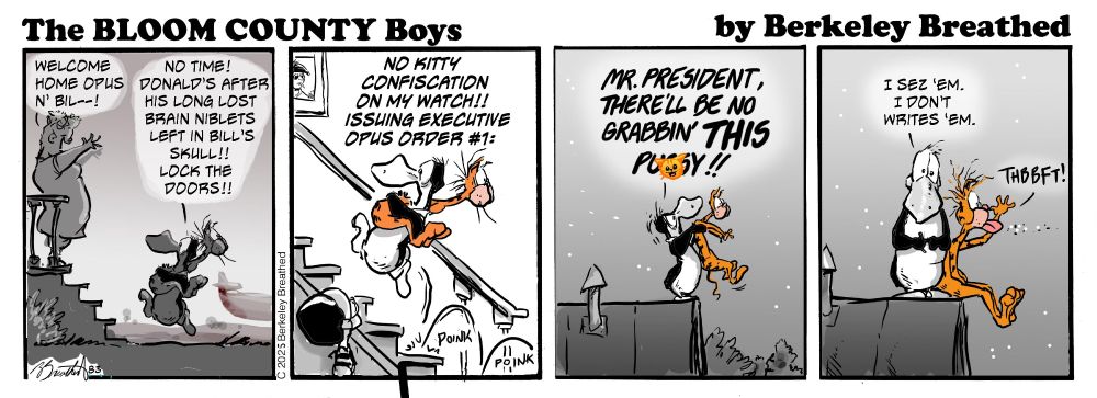 The BLOOM COUNTY Boys by Berkeley Breathed

Panel 1: Opus, carrying Bill, runs towards the stairs of the boarding house where Mrs. Dallas is standing.
Mrs. Dallas: "Welcome home Opus n' Bil--!" 
Opus: "No time! Donald'a fter his long lost brain niblets left in Bill's skull!! Lock the doors!!"
Panel 2: Opus runs 'poink poink' up the stairs, passing Oliver, carrying Bill.
Opus: "NO KITTY CONFISCATION ON MY WATCH!! ISSUING EXECUTIVE ORDER #1:"
Panel 3: Opus, holding Bill, stands atop the roof.
Opus: "MR. PRESIDENT, THERE'LL BE NO GRABBIN' _THIS_ PUSSY!!"
Panel 4: Opus looks apologetically at the reader.  Bill thumbs his nose.
Opus: "I sez 'em. I don't writes 'em."
Bill: "THBBFT!"

(c)2025 Berkeley Breathed