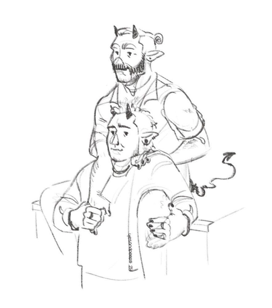 A black and white sketch of Swiss and Aether ghoul. Swiss is sitting on the edge of his stage, with Aether standing in front of him, leaning back against his chest. One of Swiss’s arms is draped over Aether’s front, where they are holding hands. Aether’s other arm is petting Swiss’s knee. They both look content and calm.