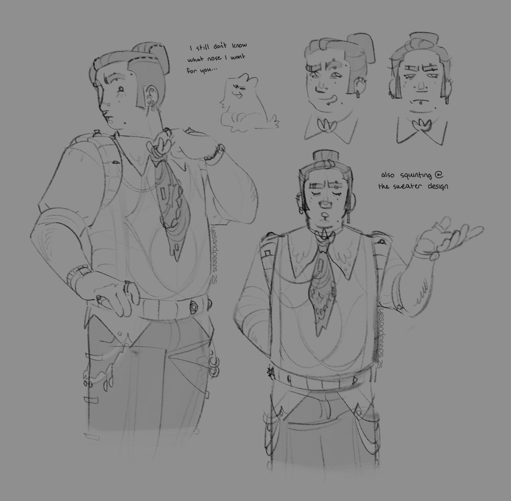 A black and grey sketch page of a jewelry box date everything OC. He has his hair pulled back in a bun and has many piercings. He wears a button up with cuffed sleeves under a sweater vest. His tie is made of tangle necklaces. Sketch 1: bashfully tugging at his tie, leaning away from the viewer. Sketch 2: facing the viewer, one hand behind his back, the other gesturing to the open air. His eyes are closed while he explains something. Sketch 3: 2 head shots, one laughing, one grumpy. Captions: “I still don’t know what nose I want for you.” And “also squinting at the sweater design.”