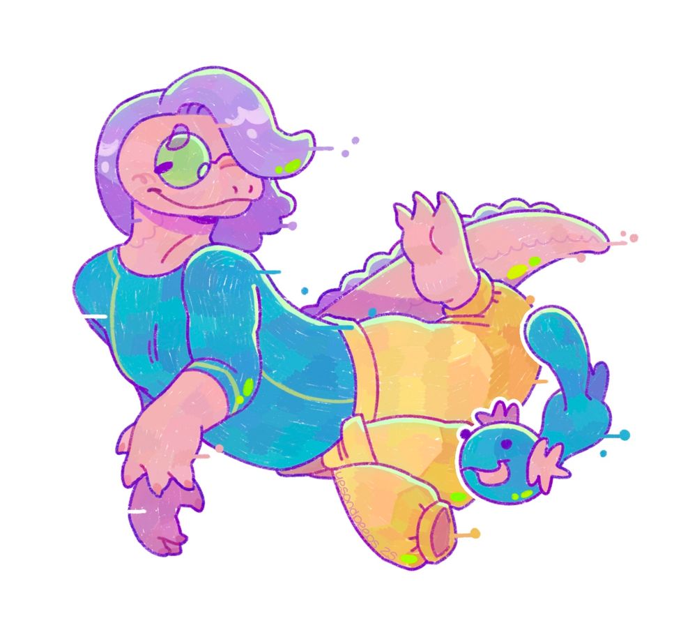 A colored drawing of a pink anthro giant salamander named Luna. Luna wears a blue wet suit with a yellow jumpsuit tied around her waist. She is floating in the space as if swimming, smiling over her shoulder at the Wooper following her.