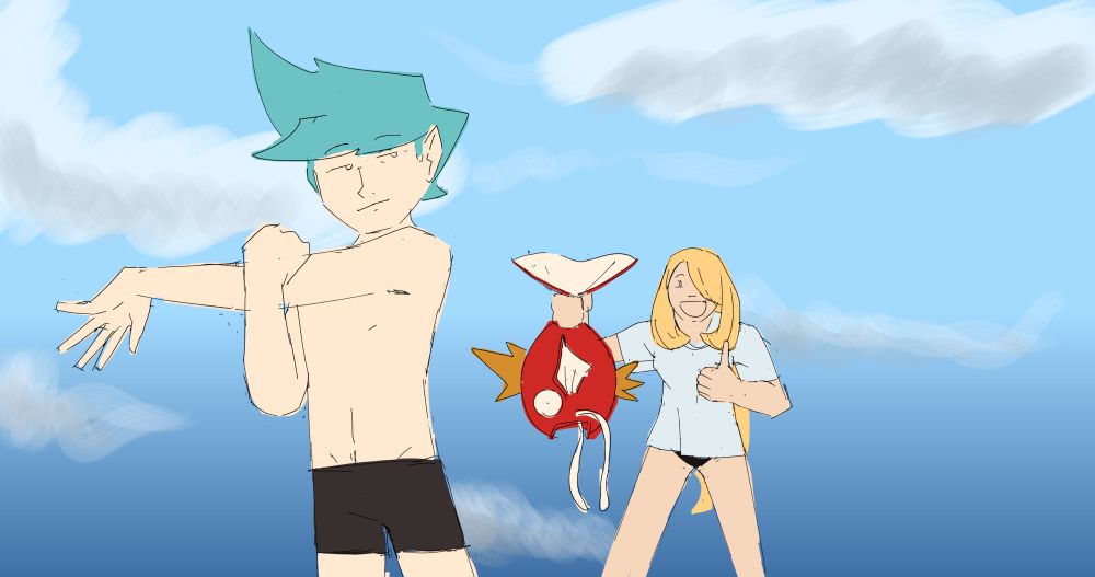 A drawing of Steven stone stretching on a beach, shirtless and waring black boxxers, behind him is Cynthia, giving the camera a thumbs up while holding a Magikarp by the tail, and wearing a loose white T-Shirt and black bikini bottoms.