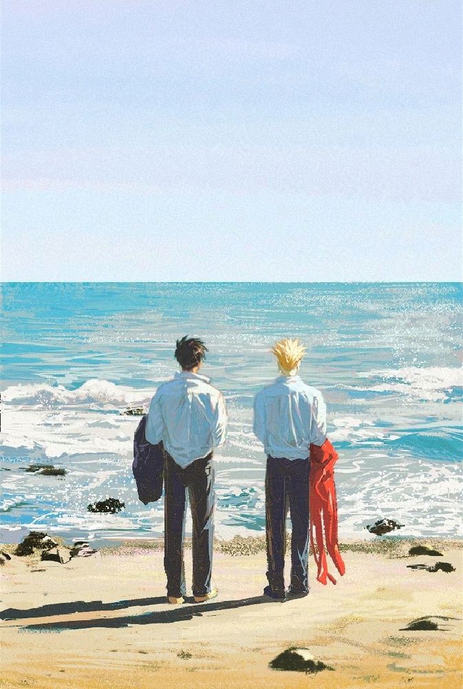 Wolfwood standing next to Vash, both gazing at the luminous waves