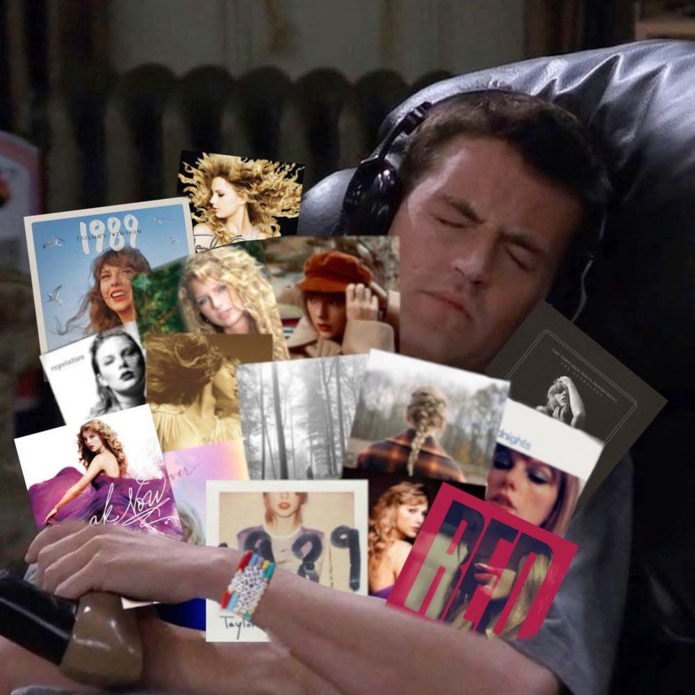 Chandler bing holding every Taylor Swift album 