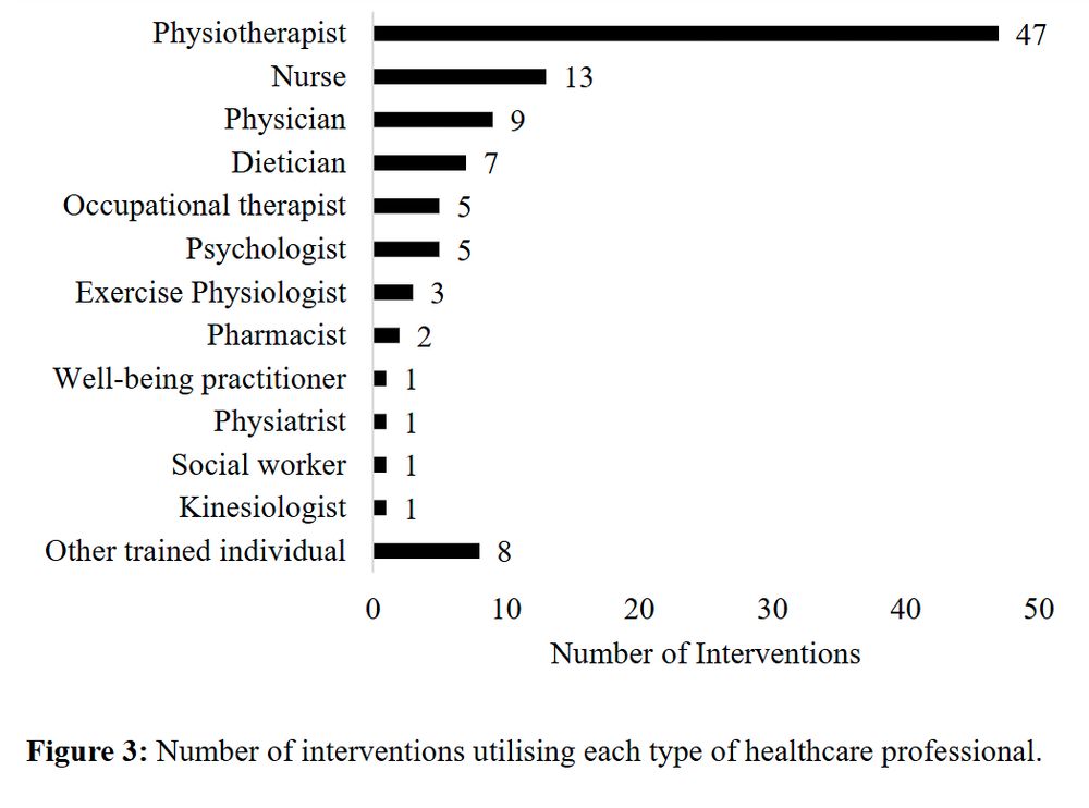 Number of interventions utilising each type of healthcare professional. Note: Other trained individuals included Masters level psychologist, PA coach with Masters related to health education, heath coach, fitness instructor or peer with RMD