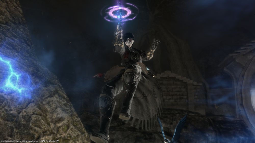 Aby, in leather traveling gear, leaping backwards and firing her machinist gun. Forest village background.